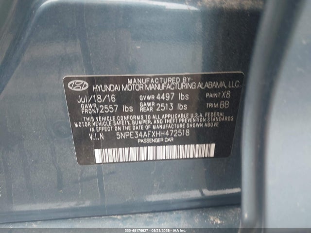 45176627 :رقم المزاد ، 5NPE34AFXHH472518 vin ، 2017 Hyundai Sonata Limited مزاد بيع