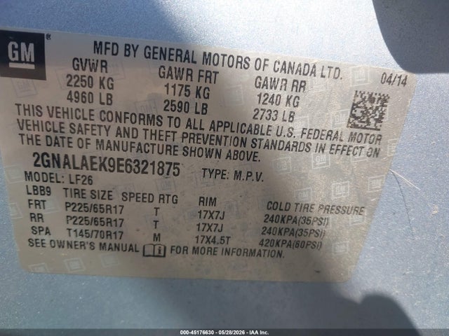 Продажа на аукционе авто 2014 Chevrolet Equinox Ls, vin: 2GNALAEK9E6321875, номер лота: 45176630
