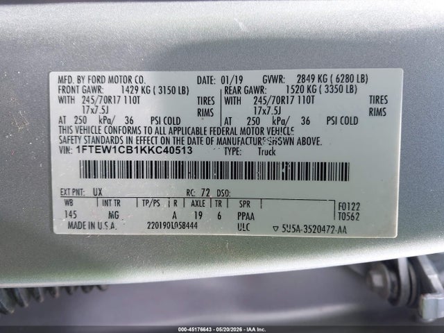 Aukcja sprzedaży 2019 Ford F-150 Xlt, vin: 1FTEW1CB1KKC40513, numer aukcji: 45176643
