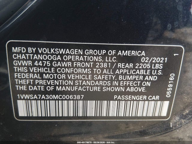 Продаж на аукціоні авто 2021 Volkswagen Passat 2.0t Se, vin: 1VWSA7A30MC006387, номер лоту: 45176679