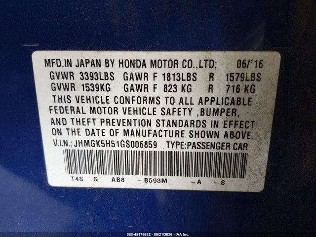 Продажа на аукционе авто 2016 Honda Fit Lx, vin: JHMGK5H51GS006859, номер лота: 45176682