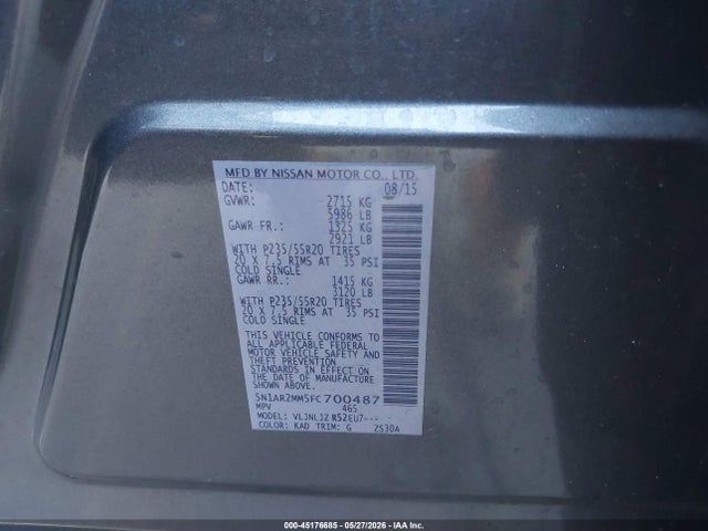 Nissan Pathfinder Platinum 2015 5N1AR2MM5FC700487 Image 9