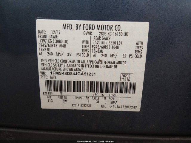 45176692 :رقم المزاد ، 1FM5K8D84JGA51231 vin ، 2018 Ford Explorer Xlt مزاد بيع