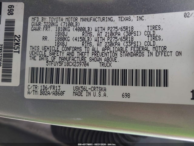 2012 Toyota Tundra Grade 5.7l V8 მანქანა იყიდება აუქციონზე, vin: 5TFUY5F18CX239704, აუქციონის ნომერი: 45176693