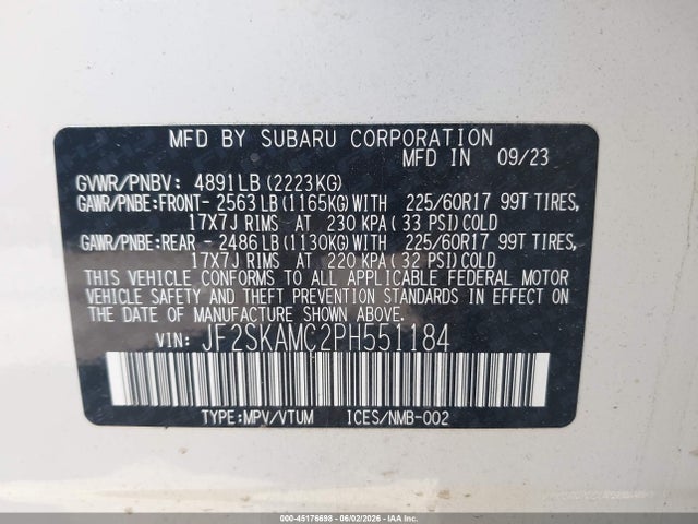 2023 Subaru Forester Wilderness მანქანა იყიდება აუქციონზე, vin: JF2SKAMC2PH551184, აუქციონის ნომერი: 45176698