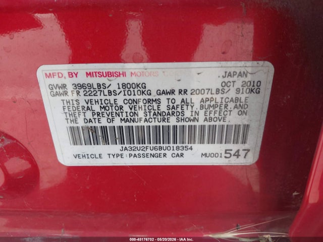 Aukcja sprzedaży 2011 Mitsubishi Lancer Es, vin: JA32U2FU6BU018354, numer aukcji: 45176702