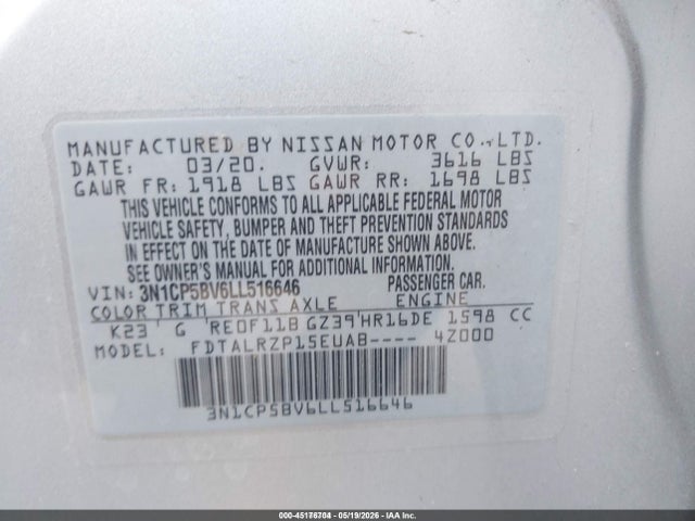 Продажа на аукционе авто 2020 Nissan Kicks S Xtronic Cvt, vin: 3N1CP5BV6LL516646, номер лота: 45176704