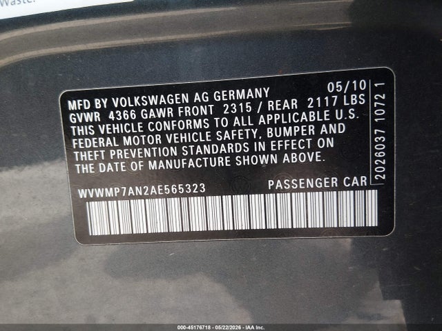 45176718 :رقم المزاد ، WVWMP7AN2AE565323 vin ، 2010 Volkswagen Cc Sport مزاد بيع