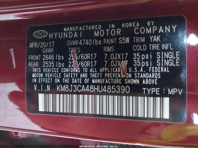 Aukcja sprzedaży 2017 Hyundai Tucson Se Plus, vin: KM8J3CA48HU485390, numer aukcji: 45176732
