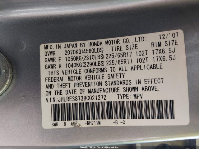 45176738 :رقم المزاد ، JHLRE38738C021272 vin ، 2008 Honda Cr-v Ex-l مزاد بيع