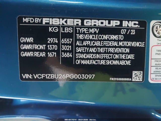 Fisker Ocean One 2023 VCF1ZBU26PG003097 Image 9