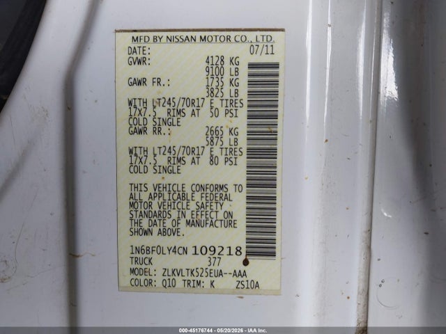 Продаж на аукціоні авто 2012 Nissan Nv 2500 Nv2500 Hd Sv V6, vin: 1N6BF0LY4CN109218, номер лоту: 45176744