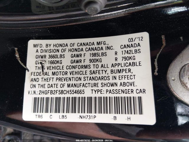 2012 Honda Civic Lx მანქანა იყიდება აუქციონზე, vin: 2HGFB2F58CH554665, აუქციონის ნომერი: 45176752