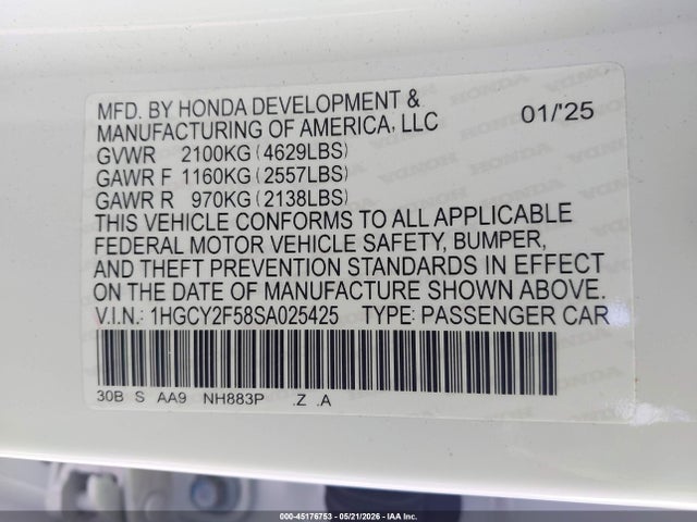 1HGCY2F58SA025425 Honda Accord Hybrid Sport