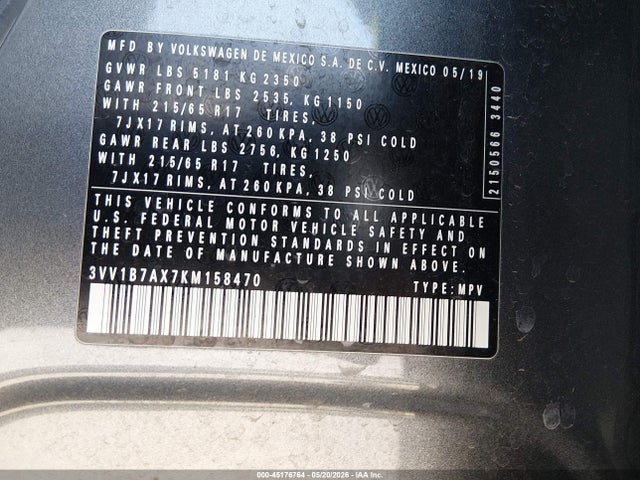 3VV1B7AX7KM158470 Volkswagen Tiguan 2.0t S