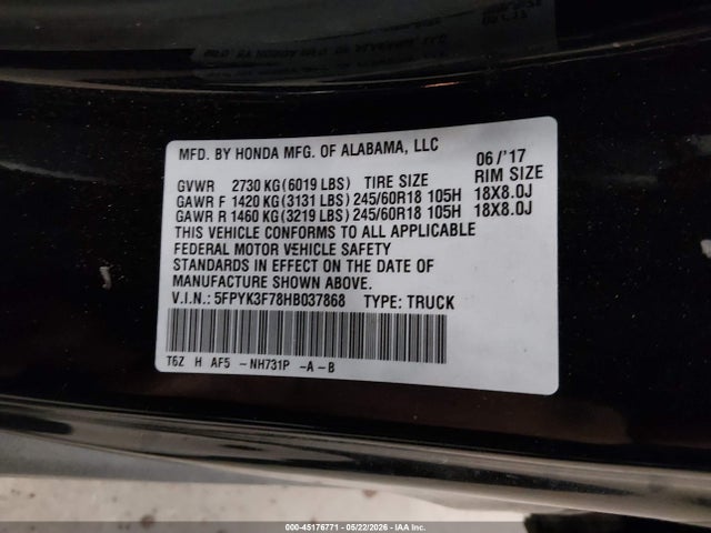 45176771 :رقم المزاد ، 5FPYK3F78HB037868 vin ، 2017 Honda Ridgeline Rtl-e مزاد بيع