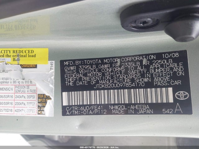 Aukcja sprzedaży 2009 Toyota Prius Touring, vin: JTDKB20U097854170, numer aukcji: 45176776