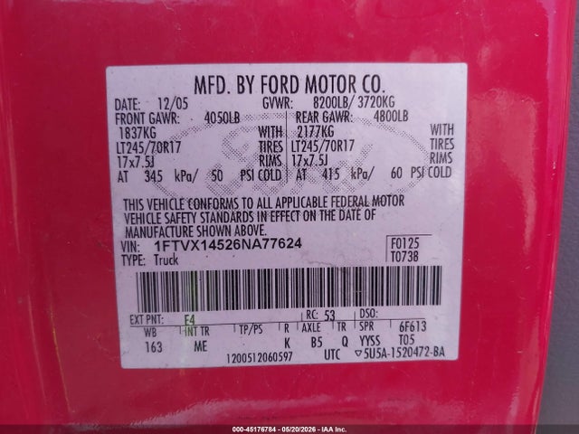 45176784 :رقم المزاد ، 1FTVX14526NA77624 vin ، 2006 Ford F-150 Fx4/lariat/xl/xlt مزاد بيع