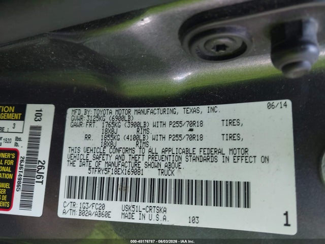 45176787 :رقم المزاد ، 5TFRY5F18EX169081 vin ، 2014 Toyota Tundra Sr5 5.7l V8 مزاد بيع