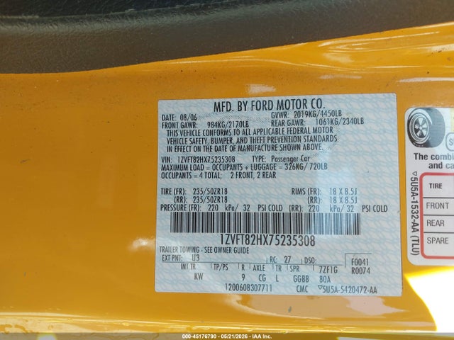 Aukcja sprzedaży 2007 Ford Mustang Gt Deluxe/gt Premium, vin: 1ZVFT82HX75235308, numer aukcji: 45176790