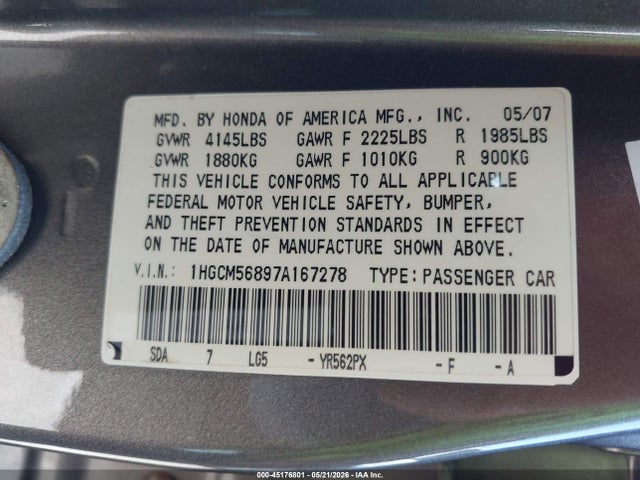 2007 Honda Accord 2.4 Ex მანქანა იყიდება აუქციონზე, vin: 1HGCM56897A167278, აუქციონის ნომერი: 45176801