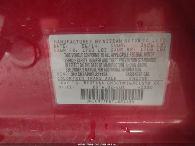 Продаж на аукціоні авто 2015 Nissan Versa 1.6 Sv, vin: 3N1CN7AP8FL821154, номер лоту: 45176804