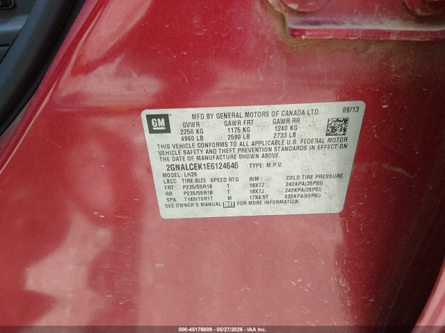 Продаж на аукціоні авто 2014 Chevrolet Equinox 2lt, vin: 2GNALCEK1E6124646, номер лоту: 45176809