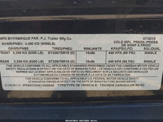 Aukcja sprzedaży 2019 Pj Trailers Unknown, vin: 4P5B51824K1302948, numer aukcji: 45176815