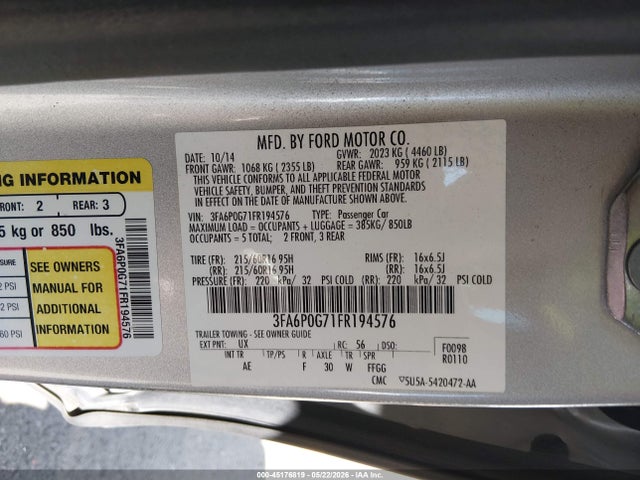 Aukcja sprzedaży 2015 Ford Fusion S, vin: 3FA6P0G71FR194576, numer aukcji: 45176819