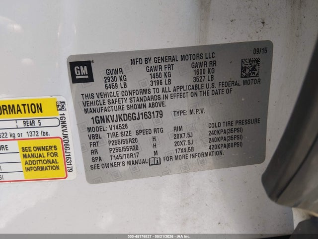 Aukcja sprzedaży 2016 Chevrolet Traverse Ltz, vin: 1GNKVJKD6GJ163179, numer aukcji: 45176827
