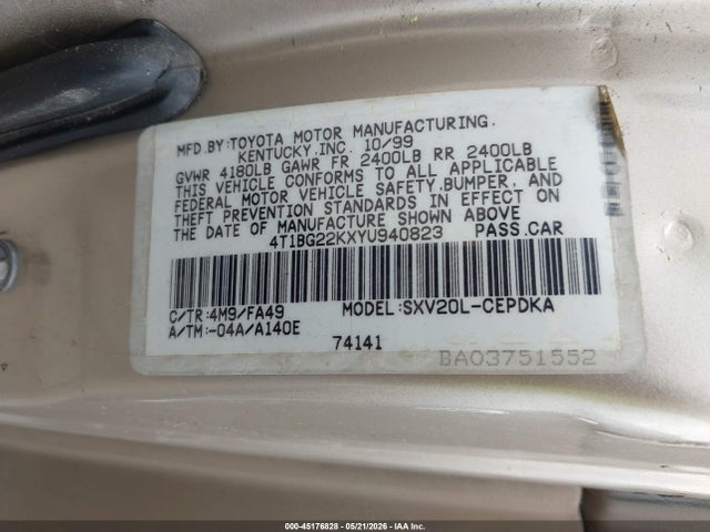 2000 Toyota Camry Ce მანქანა იყიდება აუქციონზე, vin: 4T1BG22KXYU940823, აუქციონის ნომერი: 45176828