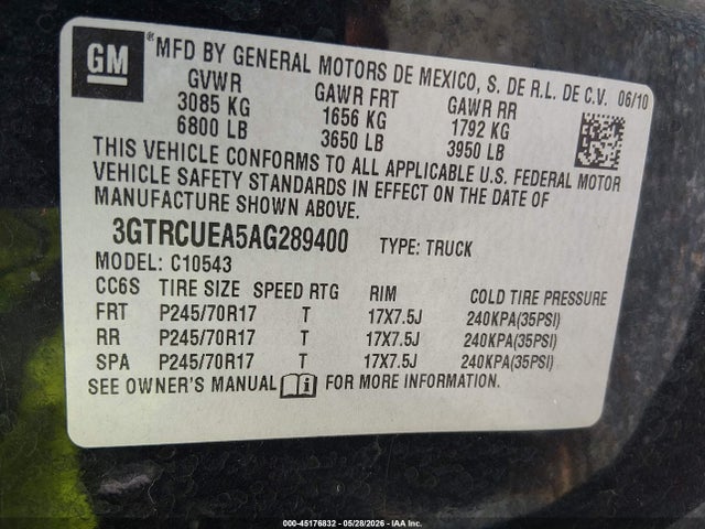45176832 :رقم المزاد ، 3GTRCUEA5AG289400 vin ، 2010 Gmc Sierra 1500 Sl مزاد بيع