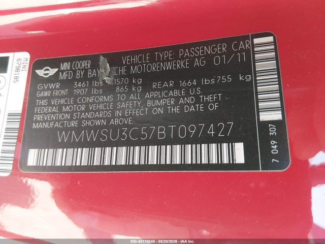 45176840 :رقم المزاد ، WMWSU3C57BT097427 vin ، 2011 Mini Cooper مزاد بيع