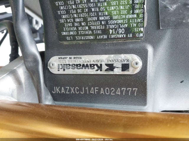 2015 Kawasaki Zx1000 J მანქანა იყიდება აუქციონზე, vin: JKAZXCJ14FA024777, აუქციონის ნომერი: 45176843