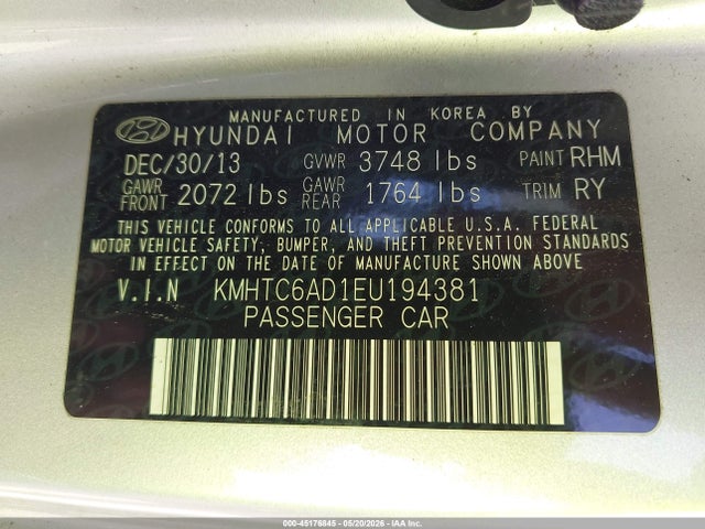KMHTC6AD1EU194381 Hyundai Veloster Base W/black