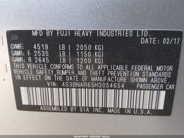 45176854 :رقم المزاد ، 4S3BNAR65H3054654 vin ، 2017 Subaru Legacy 2.5i Sport مزاد بيع