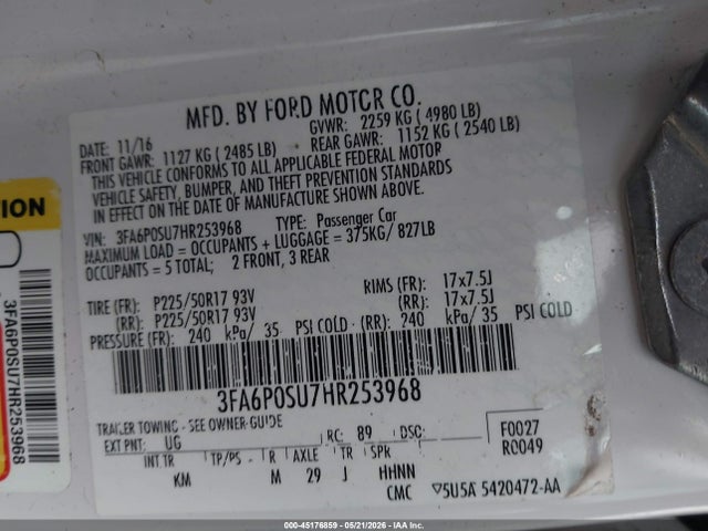 45176859 :رقم المزاد ، 3FA6P0SU7HR253968 vin ، 2017 Ford Fusion Energi Titanium مزاد بيع