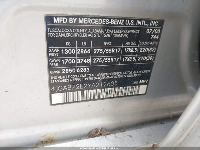 Продаж на аукціоні авто 2000 Mercedes-benz Ml 430, vin: 4JGAB72E2YA212805, номер лоту: 45176866