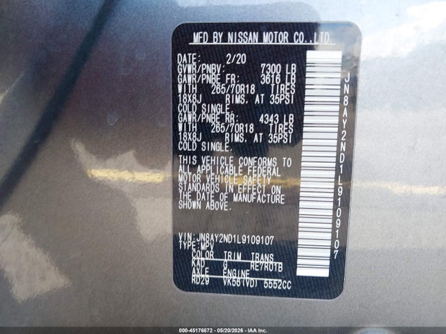 Aukcja sprzedaży 2020 Nissan Armada Sv 2wd, vin: JN8AY2ND1L9109107, numer aukcji: 45176872