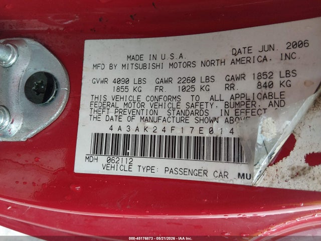 Aukcja sprzedaży 2007 Mitsubishi Eclipse Gs, vin: 4A3AK24F17E014167, numer aukcji: 45176873