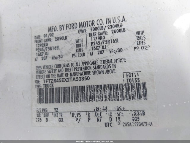 Aukcja sprzedaży 2002 Ford Ranger Edge/xlt, vin: 1FTZR45EX2TA53850, numer aukcji: 45176874