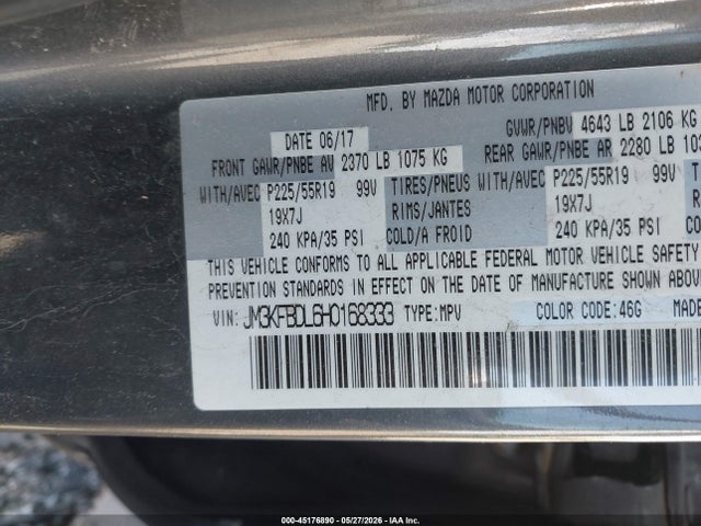 45176890 :رقم المزاد ، JM3KFBDL6H0168333 vin ، 2017 Mazda Cx-5 Grand Touring مزاد بيع