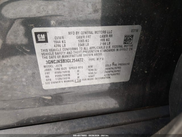 Aukcja sprzedaży 2016 Chevrolet Trax 1ls, vin: 3GNCJKSB3GL254472, numer aukcji: 45176893