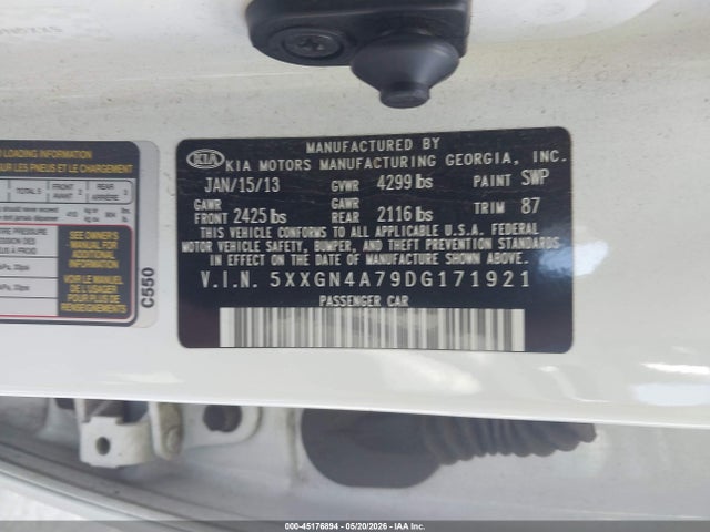 2013 Kia Optima Ex მანქანა იყიდება აუქციონზე, vin: 5XXGN4A79DG171921, აუქციონის ნომერი: 45176894