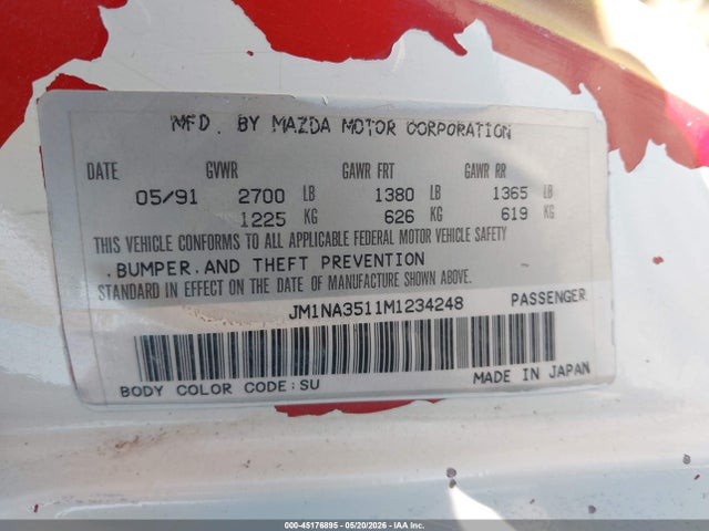 45176895 :رقم المزاد ، JM1NA3511M1234248 vin ، 1991 Mazda Mx-5 Miata مزاد بيع