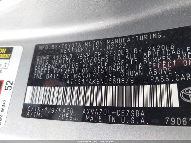 45176896 :رقم المزاد ، 4T1G11AK9NU669879 vin ، 2022 Toyota Camry Se مزاد بيع