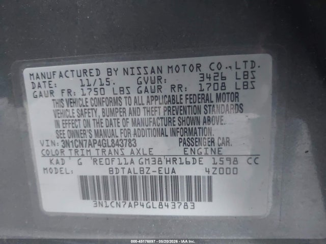 Aukcja sprzedaży 2016 Nissan Versa 1.6 Sv, vin: 3N1CN7AP4GL843783, numer aukcji: 45176897