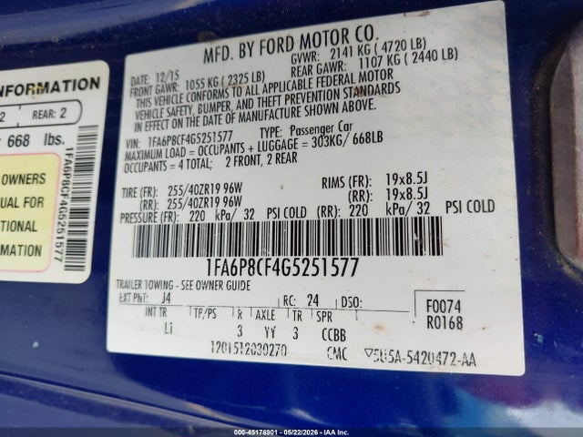 45176901 :رقم المزاد ، 1FA6P8CF4G5251577 vin ، 2016 Ford Mustang Gt Premium مزاد بيع