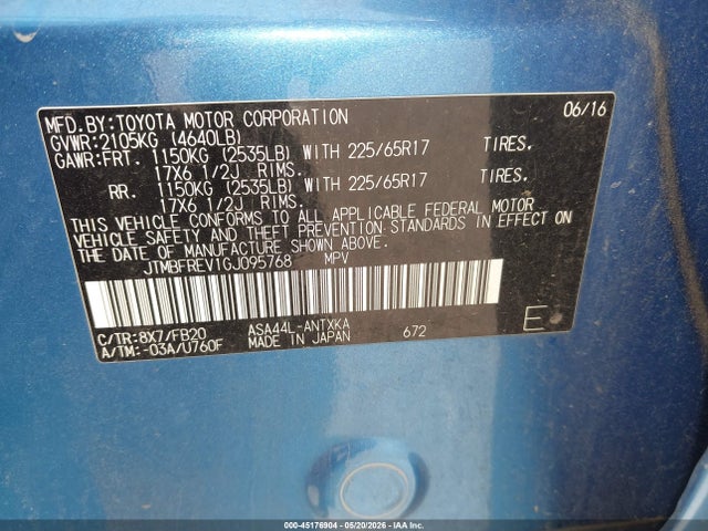 Aukcja sprzedaży 2016 Toyota Rav4 Le, vin: JTMBFREV1GJ095768, numer aukcji: 45176904