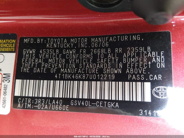 Aukcja sprzedaży 2007 Toyota Camry Xle V6, vin: 4T1BK46K87U012219, numer aukcji: 45176910